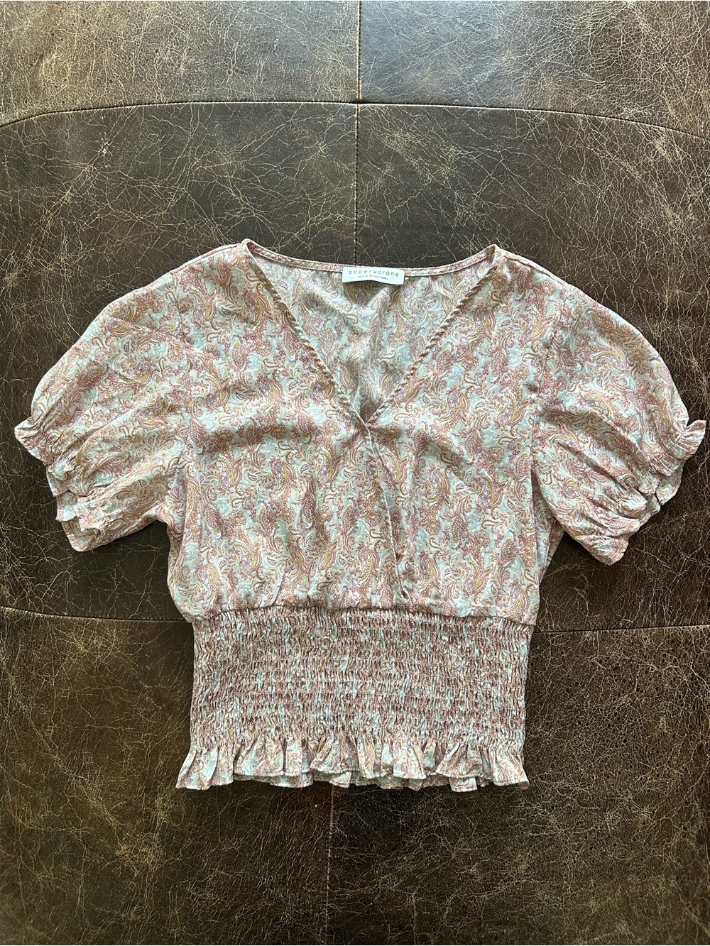 Paper Crane Boho Pink Paisley Smocked Crop Top Puff Short Sleeve Ruffle Hem